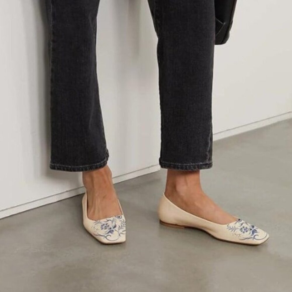 FOWT Blue Original Flower Pattern Soft Cream Leather Handmade Square Toe Flats